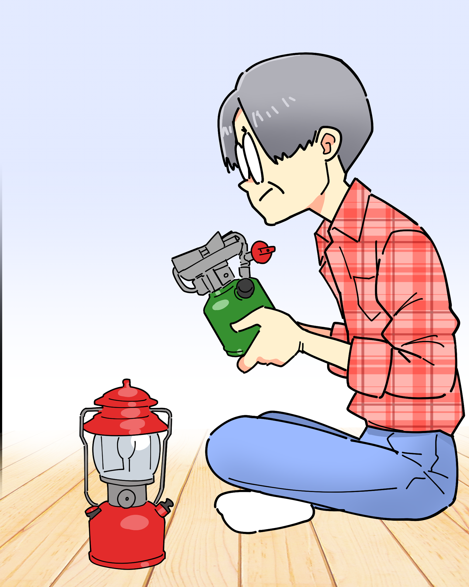 やるせない表情でキャンプ用品を手にする初老の男性